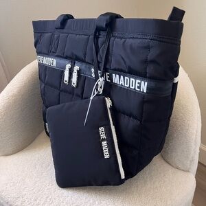 NWT Steve Madden Black Nylon Quilted Tote with Detachable Pouch